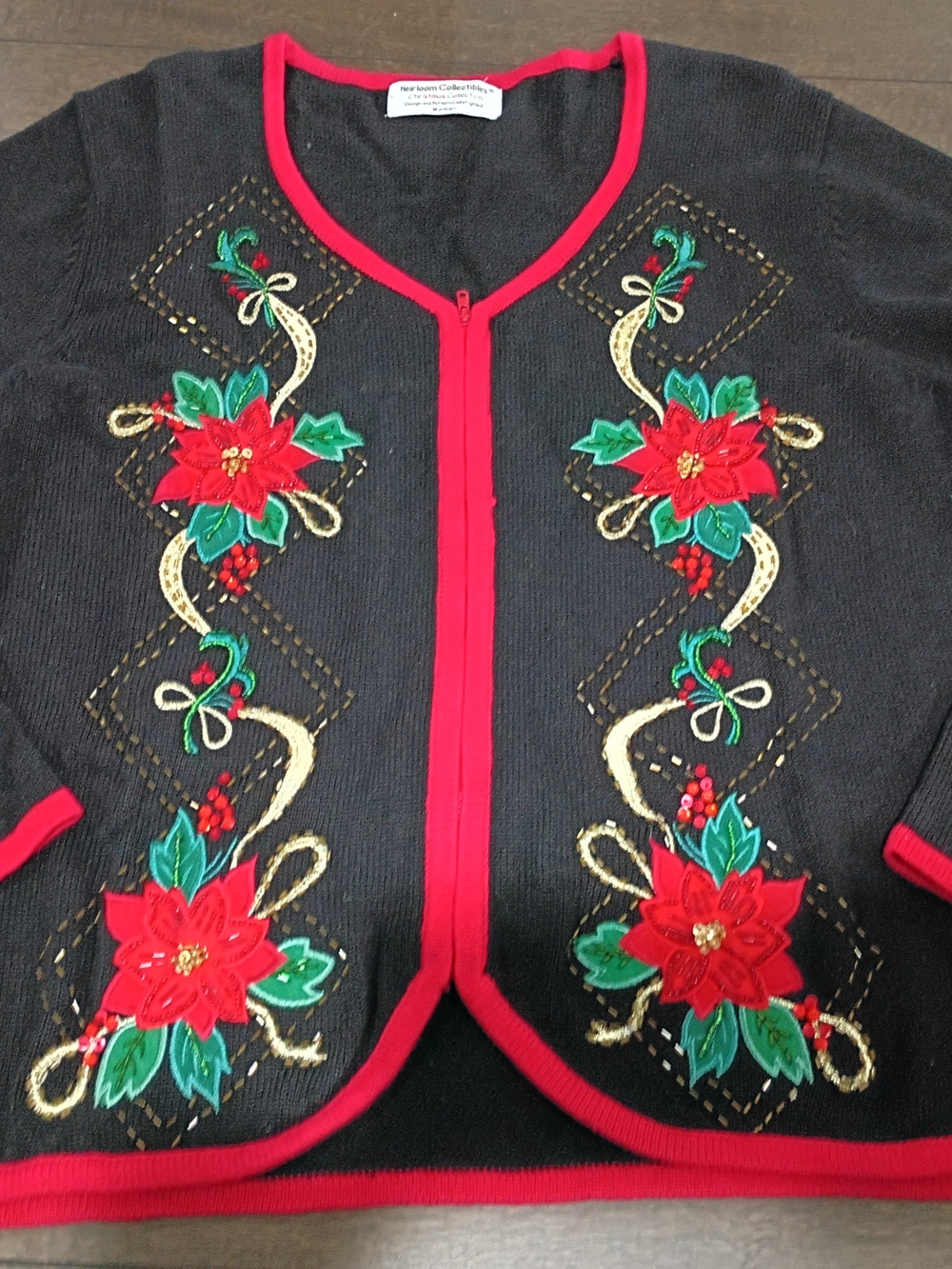 Vintage Black Embroidered Poinsettia Cardigan Blazer with Red Trim